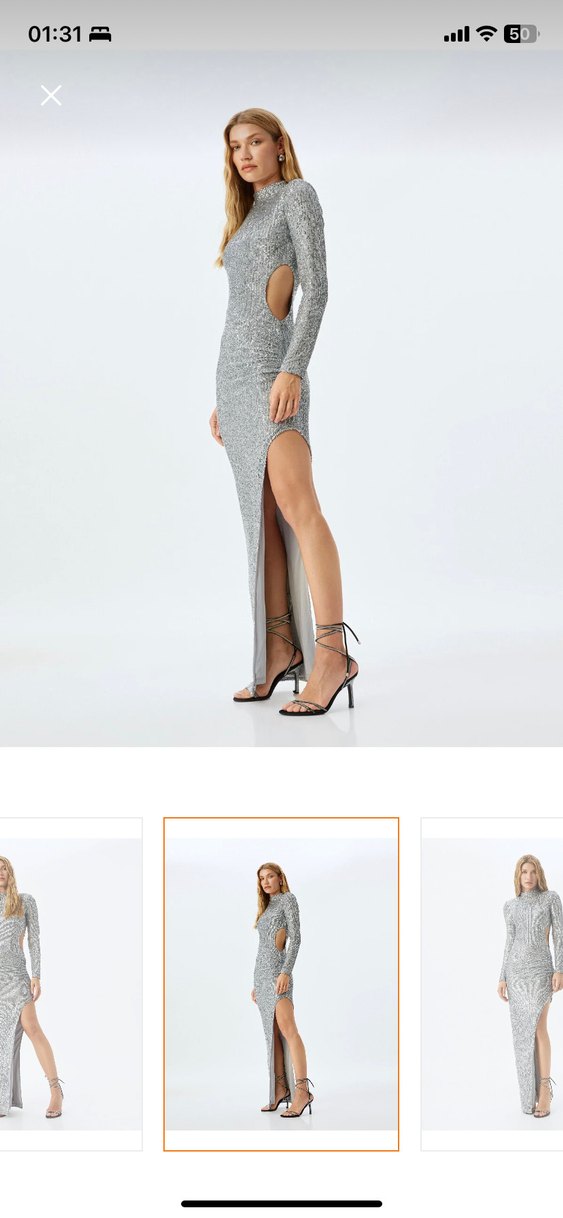 Gümüş Payetli Uzun Kollu Abiye Elbise - Görsel 3