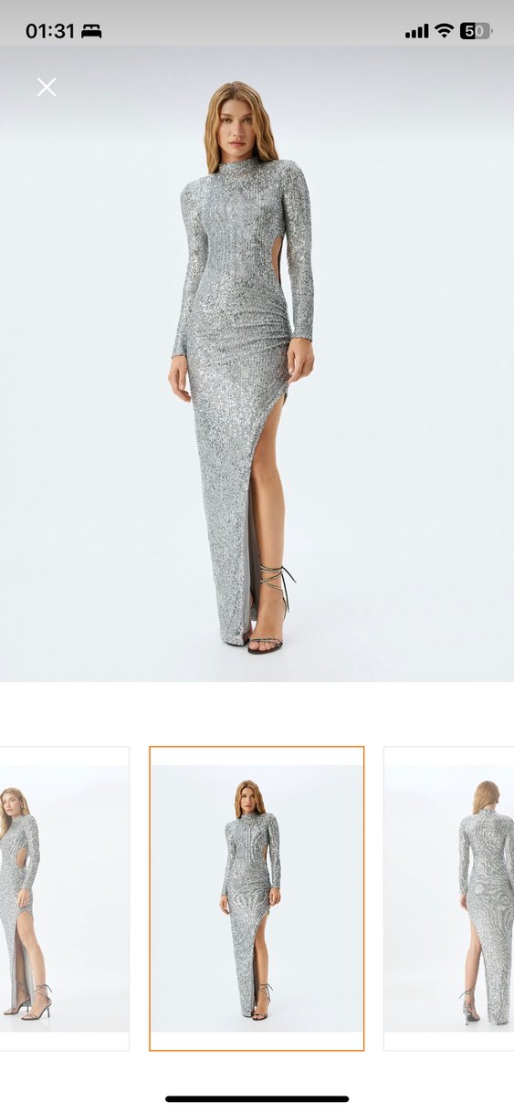 Gümüş Payetli Uzun Kollu Abiye Elbise - Görsel 4