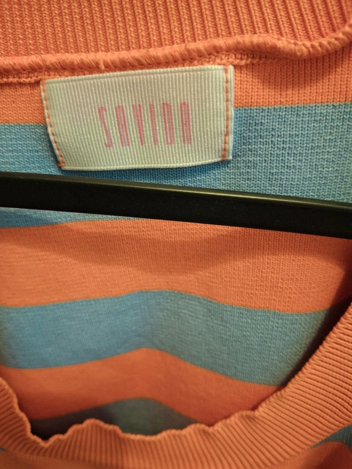 Turuncu Mavi Çizgili Triko retro Tişört - Görsel 2