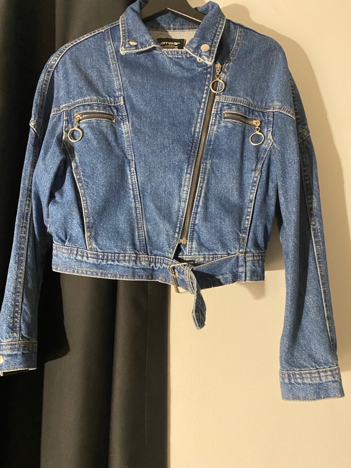 İnce Kemerli Mavi Denim Ceket - Görsel 3