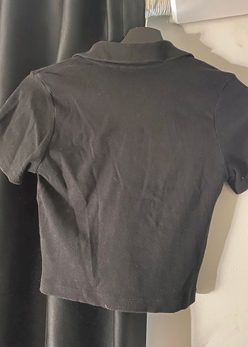 Siyah Kısa Kollu crop Polo Tişört - Görsel 3
