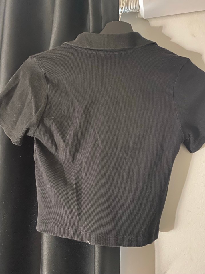 Siyah Kısa Kollu crop Polo Tişört - Görsel 3