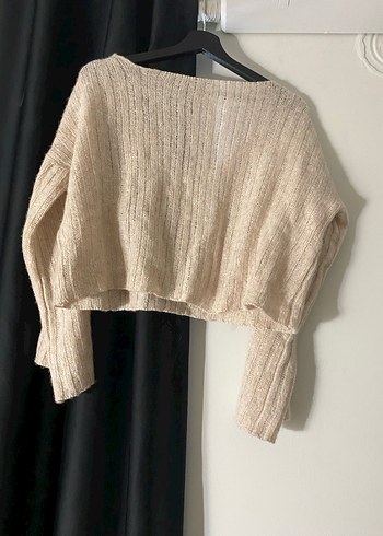 Bej V Yaka Örgü Kadın Kazak - Görsel 2