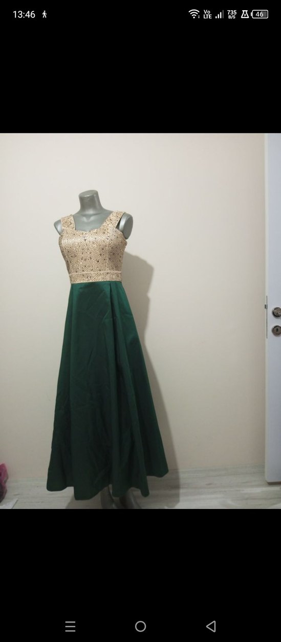 Nakışlı V Yaka Uzun Yeşil Kadın Abiye - Görsel 5