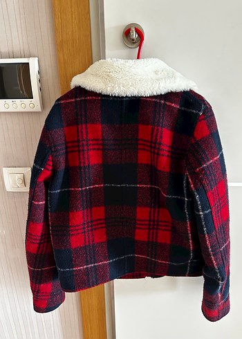 s Beden H&M Kürk Detaylı Kırmızı Ekose Midi Kadın Ceket