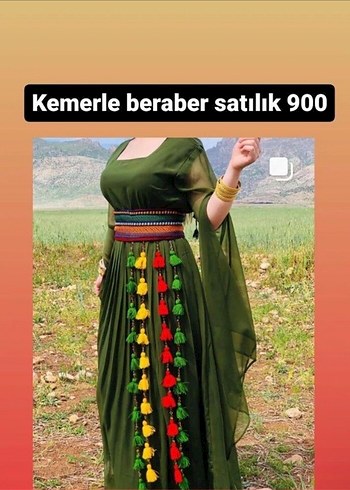 Kemerli Haki Bohem Uzun Elbise