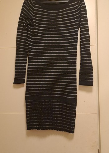 Gri Çizgili Uzun Kollu Triko Elbise - Görsel 2