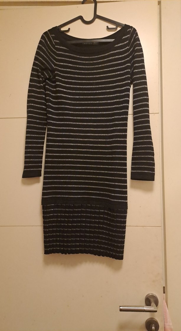 Gri Çizgili Uzun Kollu Triko Elbise - Görsel 2