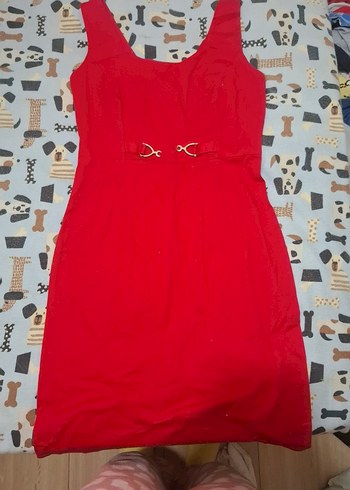 Kırmızı V Yaka Kemer Detaylı Kalem Elbise - Görsel 2