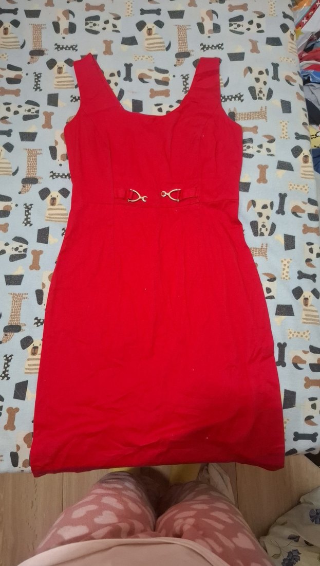 Kırmızı V Yaka Kemer Detaylı Kalem Elbise - Görsel 2