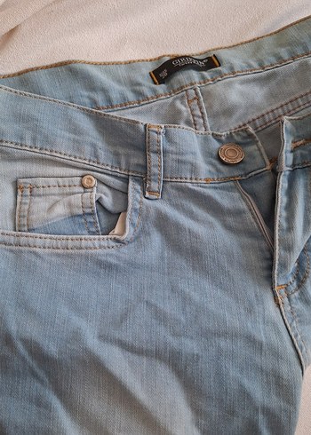 Düğmeli Gri Mavi Kadın Denim Pantolon ispanyol paca - Görsel 6