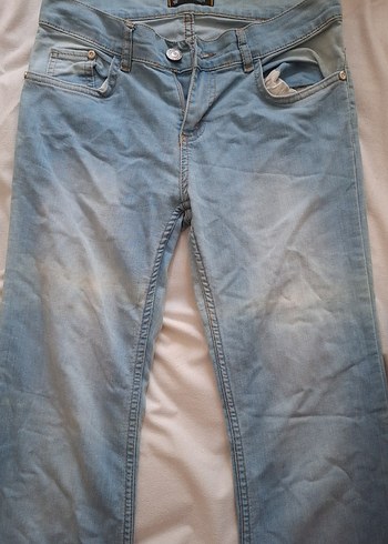 Düğmeli Gri Mavi Kadın Denim Pantolon ispanyol paca - Görsel 2