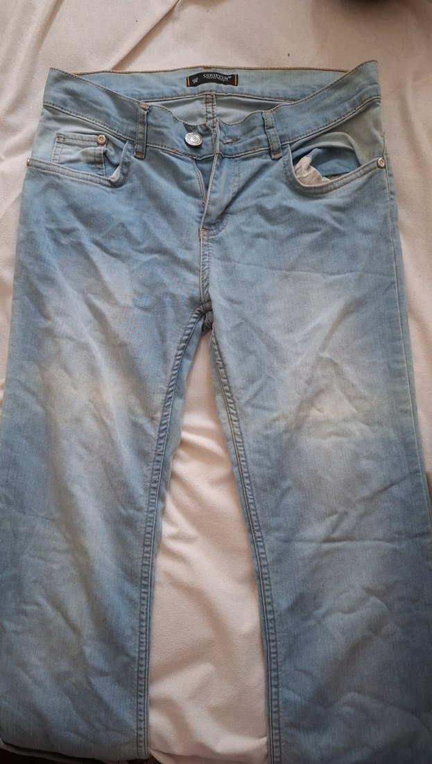 Düğmeli Gri Mavi Kadın Denim Pantolon ispanyol paca - Görsel 2