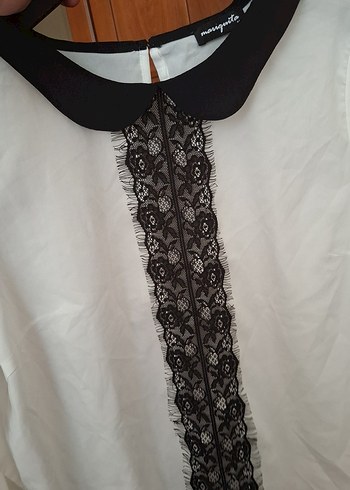 Dantel Detaylı Siyah Yaka Beyaz Kadın Gömlek - Görsel 7