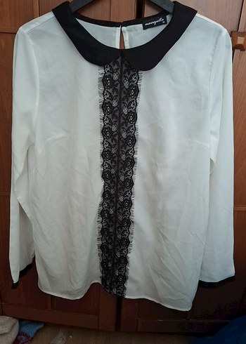 Dantel Detaylı Siyah Yaka Beyaz Kadın Gömlek - Görsel 2