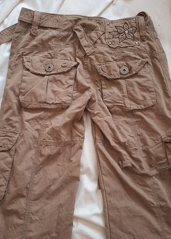 Bej Keten Bol Kesim Kemerli Kadın Pantolon - Görsel 7