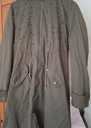haki Nakışlı Uzun Kadın mont - Görsel 3