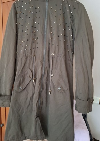 haki Nakışlı Uzun Kadın mont - Görsel 2