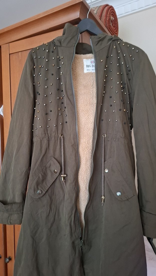 haki Nakışlı Uzun Kadın mont - Görsel 4