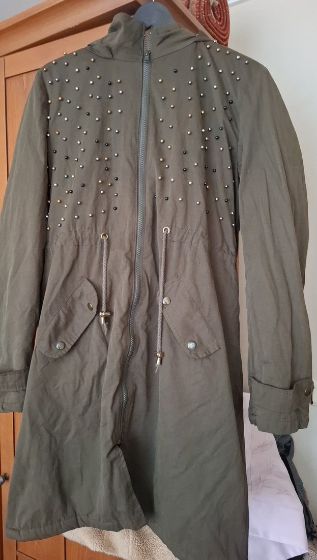 haki Nakışlı Uzun Kadın mont - Görsel 3