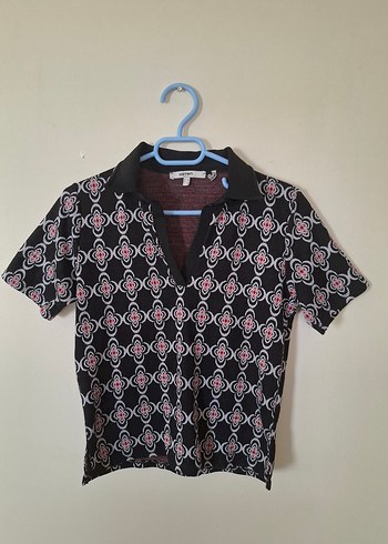 s Beden siyah Renk Siyah Desenli Kısa Kollu Polo Yaka Kadın Gömlek
