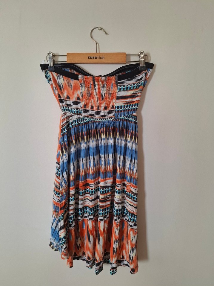 Renkli Piliseli Mini Straplez Elbise - Görsel 5