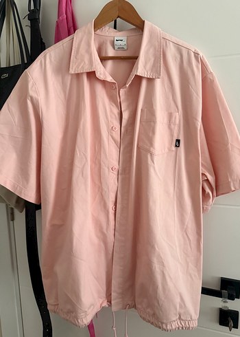 Pembe Düğmeli Kısa Kollu Pamuklu Gömlek