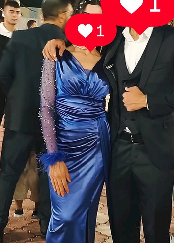 Abiye Mavi Uzun Kollu Drapeli Abiye Elbise