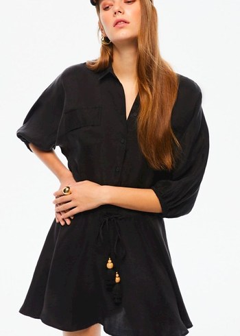 Siyah Uzun Kollu Kemerli Kadın Elbise - Görsel 3