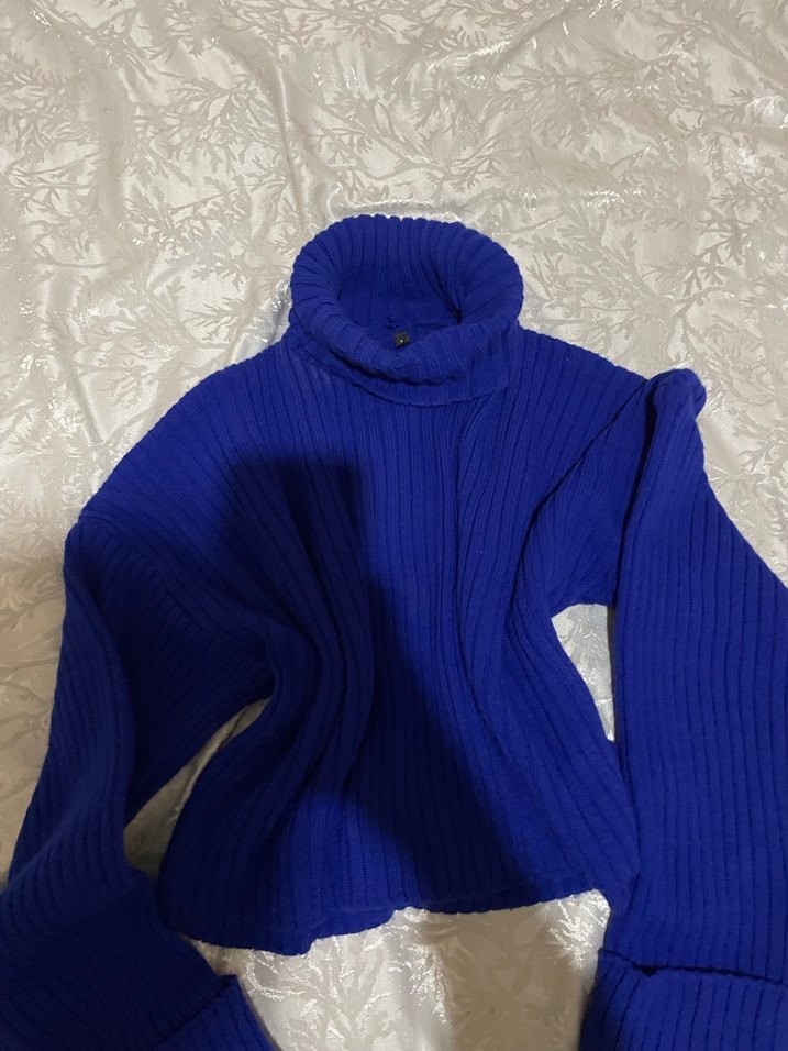 Kadın Mavi Boğazlı Örgü Kazak - Görsel 3