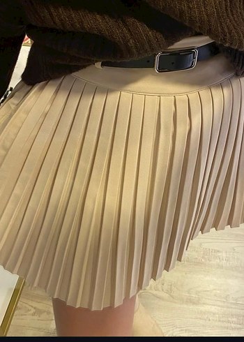 Bej Deri Pilili Mini Etek - Görsel 2