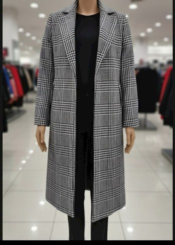 Gri Ekose Desenli Uzun Kadın Kaban - Görsel 2