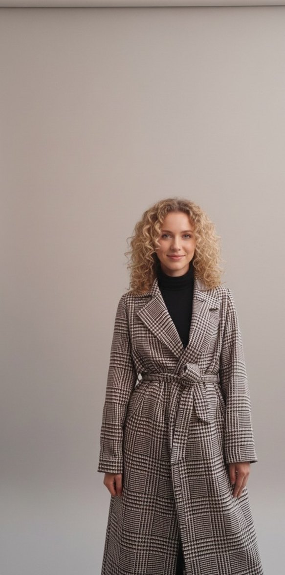 Gri Ekose Desenli Uzun Kadın Kaban - Görsel 3