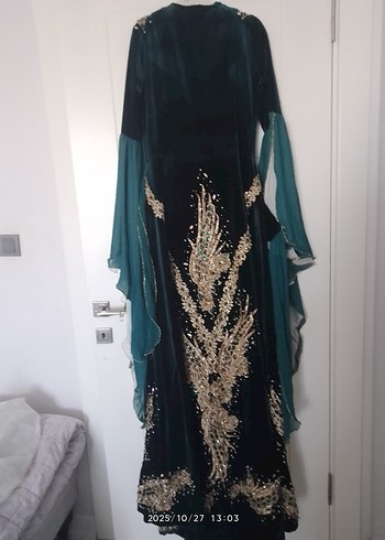 Uzun yeşil Bohem tesettür bindallı - Görsel 2