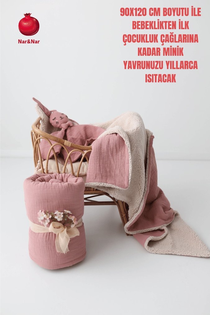 Nar&Nar Bebek Battaniyesi 2 Kat Müslin & Kuzu Tüyü - Görsel 2