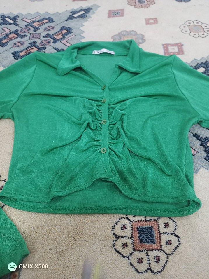 Yeşil Mini V Yaka Kadın Gömlek - Görsel 2