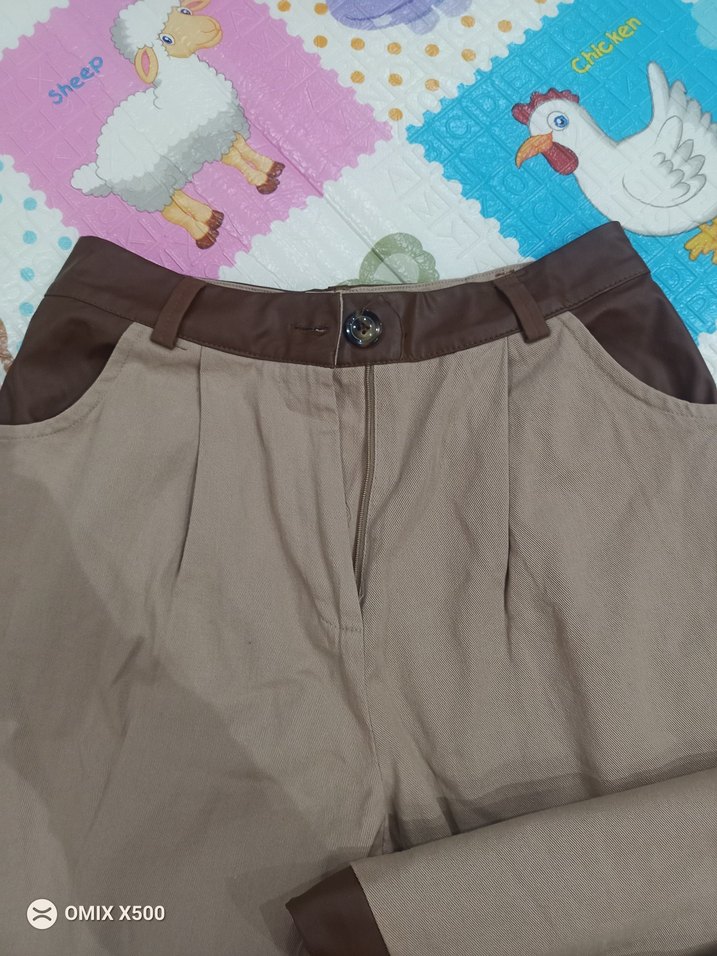 Bej İki Tonlu Deri Kadın Pantolon - Görsel 3