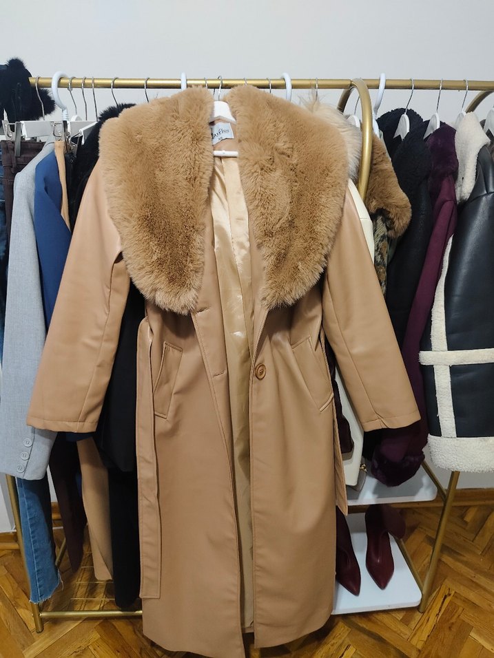 Kahverengi Kürklü Kadın Deri Trençkot - Görsel 5