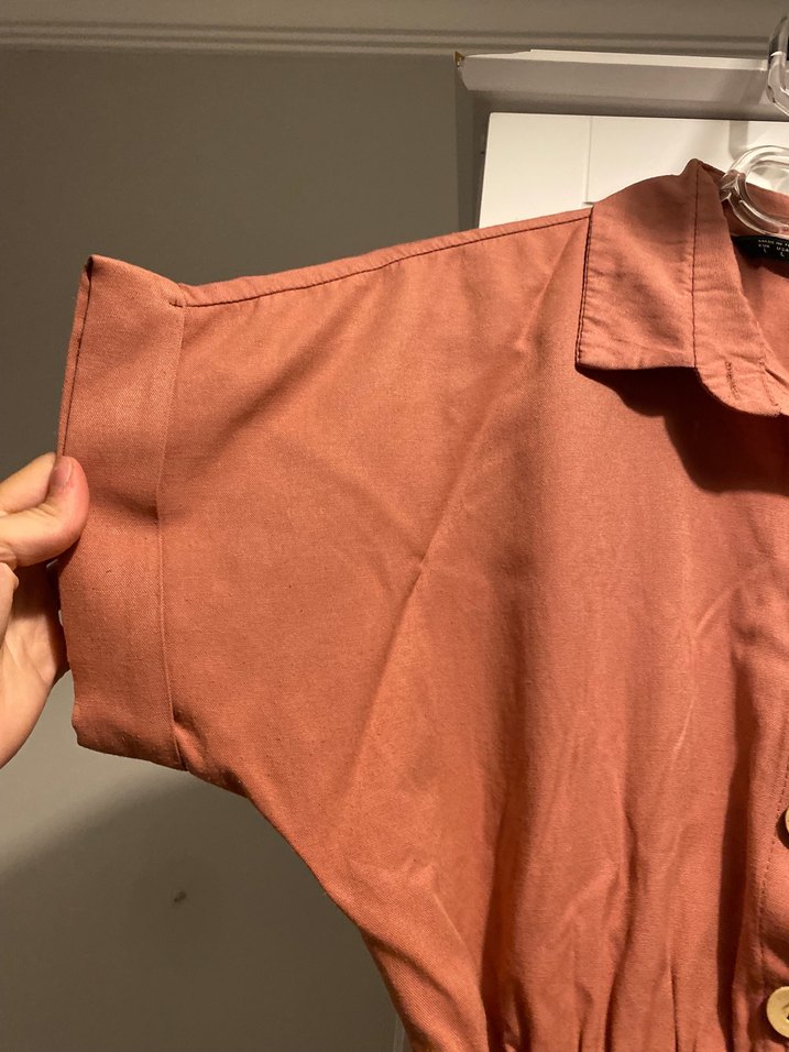 Düğmeli, Kısa Kollu Midi Pembe Elbise - Görsel 3