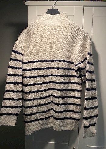 Çizgili Beyaz Triko Kadın Kazak - Görsel 2