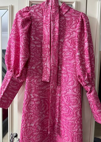 Pembe Gül Desen Kuşaklı Balon Kol Yüksek Yaka Uzun Elbise - Görsel 7