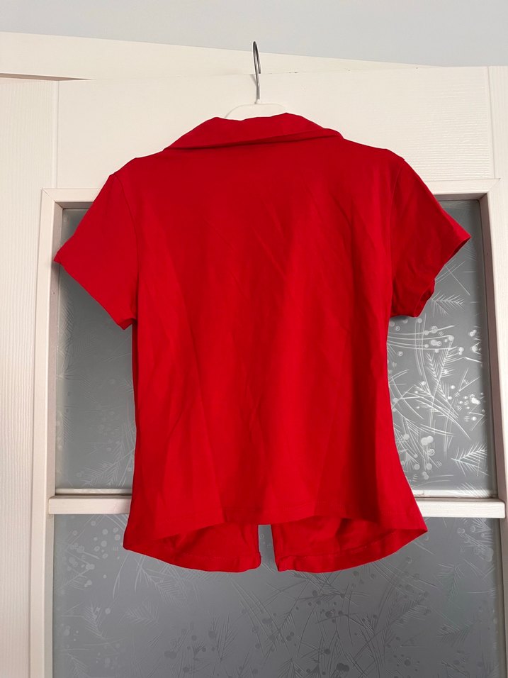 Kırmızı Fermuarlı Kısa Kollu Dekolteli Bluz - Görsel 3