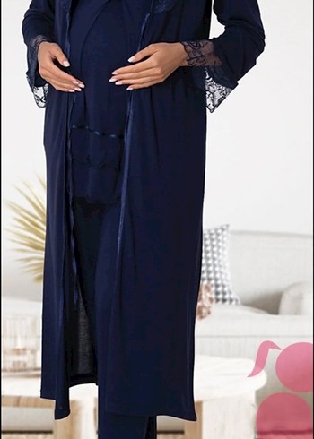 Lacivert Uzun Kollu Kadın Sabahlık - Görsel 4