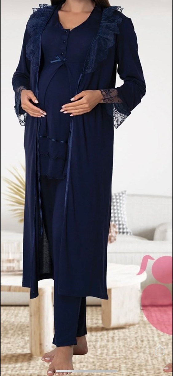 Lacivert Uzun Kollu Kadın Sabahlık - Görsel 4