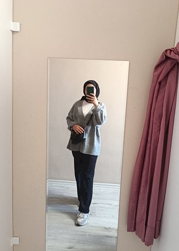 Gri Kadın Midi Boy Salaş Triko Hırka - Görsel 2