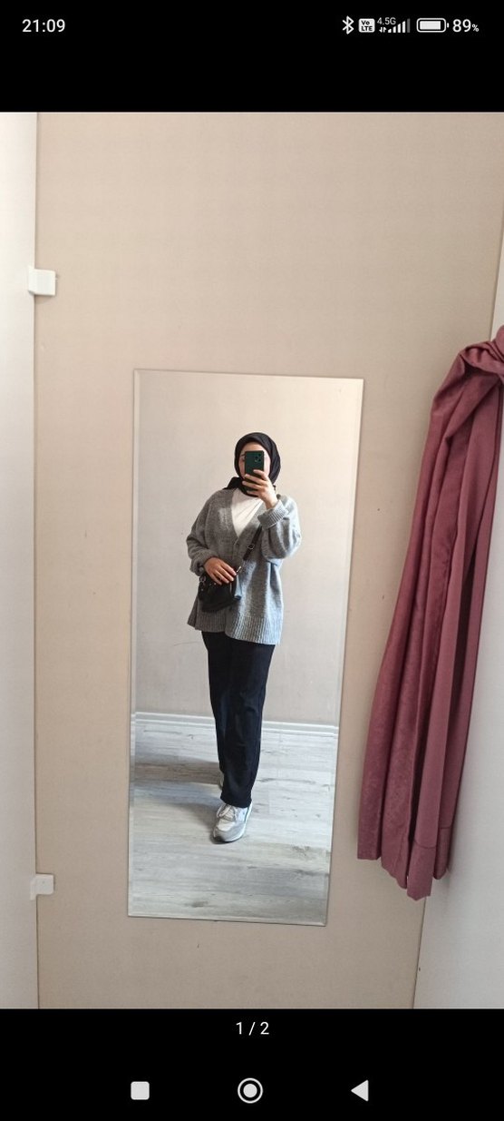 Gri Kadın Midi Boy Salaş Triko Hırka - Görsel 2