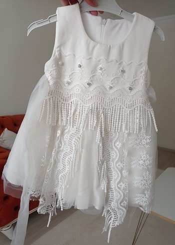Standart Beden Beden beyaz Renk Kız Çocuk Beyaz Dantelli Klasik Elbise