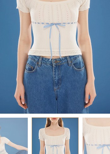 Dantel Detaylı Beyaz Kısa Kollu Bluz - Görsel 3