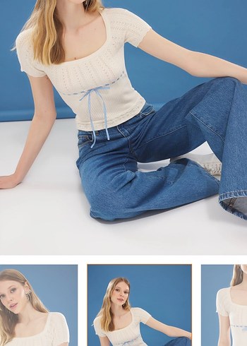 Dantel Detaylı Beyaz Kısa Kollu Bluz - Görsel 2