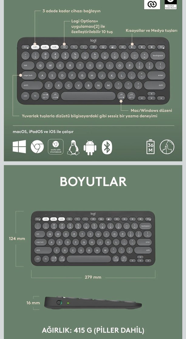 2.El Logitech Pebble Keys K380s Kablosuz Klavye - Görsel 3